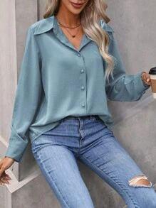 SHEIN LUNE Solid Color Long Sleeve Casual Shirt - Baby Blue - View 6