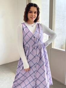 SHEIN EZwear 女款大尺寸無袖扣細節格紋印花洋裝 - 彩色 - 查看 5