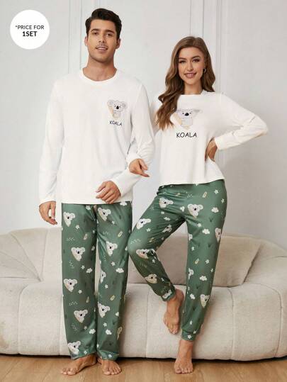 Men's White Long Sleeves Top & Koala Print Trousers Home Wear Set, Fall Winter Clothes