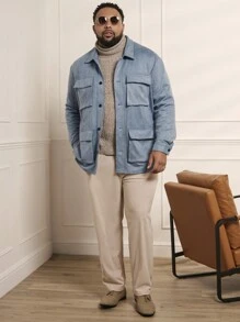Mainfolk 1 件男士加大码宽松纽扣休闲夹克，带多个口袋，适合秋冬 - 藍色 - 查看 3