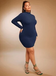 SHEIN SXY 大尺碼女式羅紋針織緊身連身裙 - 藏蓝色 - 查看 5