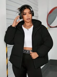 SHEIN EZwear Manteau matelassé femme de couleur unie à capuche, grande taille, hiver