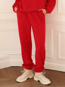 SHEIN Frenchy Pantalones Jogger De Color Sólido Con Bolsillos Oblicuos Y Puños Elásticos - Rojo - Ver 2