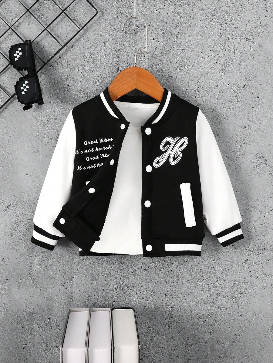 Chaqueta Estilo Universitario Con Bloques De Color Y Estampado De Letras Para Bebé Niño - Negro - Ver 1
