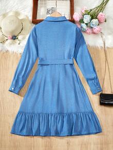 青少年女孩长袖牛仔效果印花腰带装饰休闲连衣裙