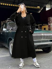 SHEIN EZwear Plus Size Solid Color Double Breasted Belted Trench Coat - Black - View 6