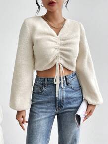 SHEIN Essnce 女款抽繩燈籠袖 T 卹 - 米色 - 查看 1