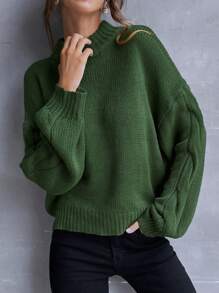 SHEIN LUNE Giải trí Quý cô Vòng cổ Màu thuần Thả vai Áo len - xanh quân đội - Xem 4