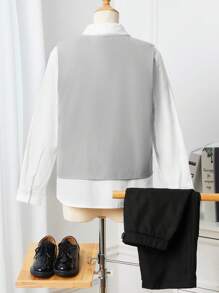 SHEIN Tween Boy優雅提花領襯衫搭配雙排扣背心和褲子紳士套裝，3件套 - 灰色 - 查看 2