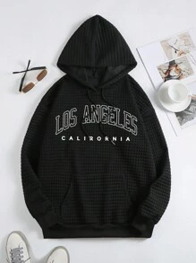 SHEIN EZwear 女裝字母印花連帽絨毛衣 - 黑色 - 查看 1