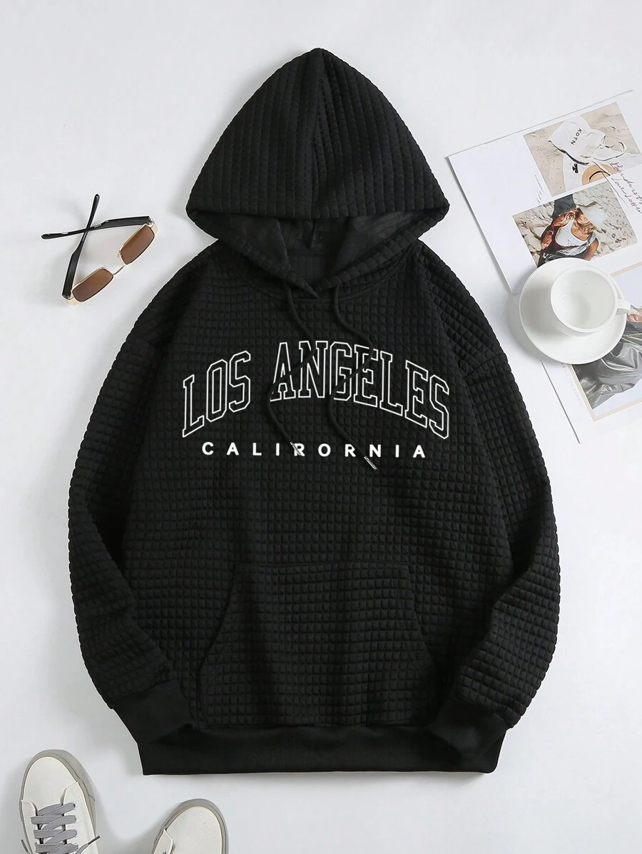 SHEIN EZwear 女裝字母印花連帽絨毛衣 - 黑色 - 查看 1