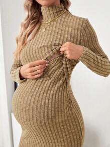 SHEIN Maternity Turtleneck Ribbed Slim Fit Nursing Dress - Khaki - View 3
