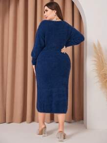 Modelyn Women's Plus Size Plain Round Neckline Waist-Collecting Sweater Dress