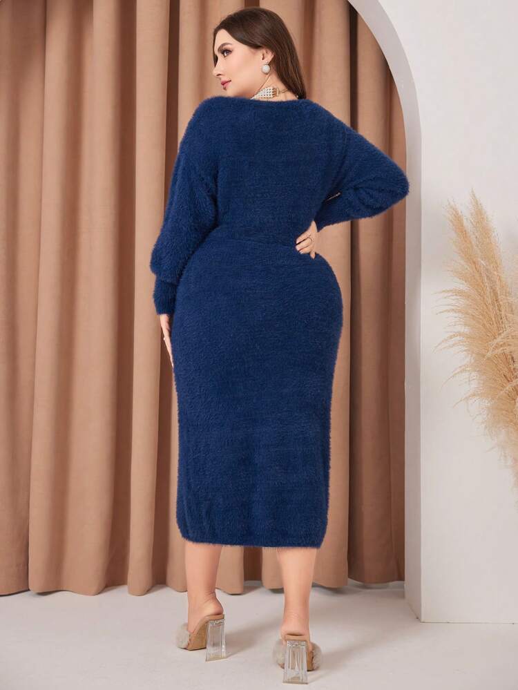 Women's Plus Size Plain Round Neckline Waist-Collecting Sweater Dress
