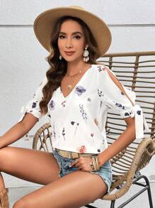 SHEIN VCAY Vacation V-neck Split Sleeve Blouse - White - View 6
