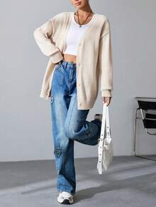 SHEIN Unity Cárdigan De Botones Sólido Para Mujeres - Albaricoque - Ver 6