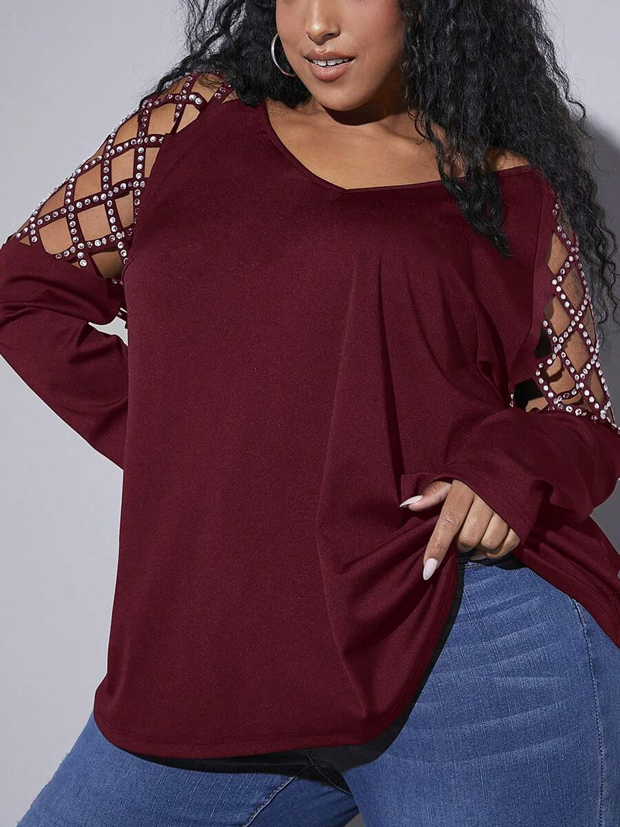 SHEIN CURVE+ Women's Plus Size Rhinestones Decorated Hollow Out T-shirt - Burgundy - View 1