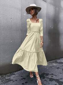 Aveloria Vestido Amarillo Con Escote Cuadrado Y Manga Abullonada Para Mujer - Albaricoque - Ver 1