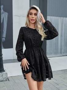 SHEIN Privé Black Round Neck Lace Long Sleeve Women's Dress - Black - View 5