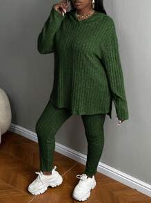 Slaydiva 大尺碼套裝（v 領羅紋上衣和褲子） - 橄欖綠 - 查看 4