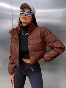 SHEIN EZwear Áo khoác đệm ngắn giản dị màu trơn da PU khóa kéo phía trước cho nữ mùa đông - Cà phê nâu - Xem 6