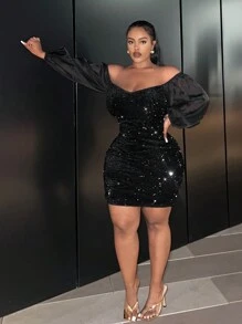 Slaydiva SLAYR PLUS - Luxury Party - Knit Non-Stretch Sequin Contrast Off Shoulder Plus Size Dress - Black - View 5
