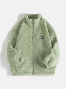SHEIN EZwear Chất rắn Có màu sắc Lông cừu Áo khoác Với Huy hiệu Chi tiết Và Thả vai Thiết kế - Màu xanh Cadet - Xem 5