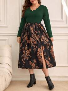 SHEIN Frenchy Bloemen Geprint Grote maten Vrouwen Hoge gleuf Jurken ( Riemen Niet inbegrepen. )