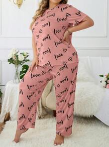 Plus Size Women Heart Letter Pattern Top & Pants Pajama Set - Coral Pink - View 3
