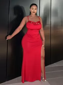 Slaydiva Vestido Con Tirantes Finos Y Abertura Alta Con Patchwork De Lentejuelas Y Talla Grande - Rojo - Ver 2