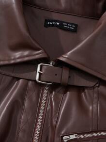 SHEINNeu Dây kéo Thả vai Da nhìn Áo khoác - màu nâu - Xem 5