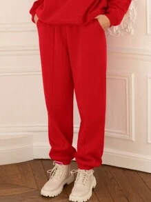 SHEIN Frenchy Pantalones Jogger De Color Sólido Con Bolsillos Oblicuos Y Puños Elásticos - Rojo - Ver 5