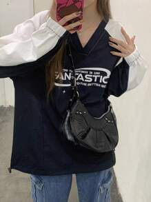 DAZY Women's Contrast Letter Print Raglan Sleeve Sweatshirt,Long Sleeve Tops,Fall Clothes - Navy Blue - View 5