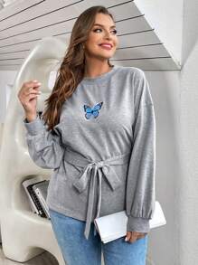 SHEIN Essnce Của phụ nữ Kích thước lớn Hình Bướm Thả vai Áo thun - Xám - Xem 4