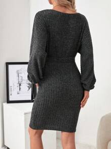 SHEIN Maternity Solid Color Belted Dress - Dark Grey - View 2