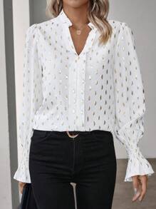 SHEIN Privé V領花卉印花袖口包覆式上衣 - 白色 - 查看 1