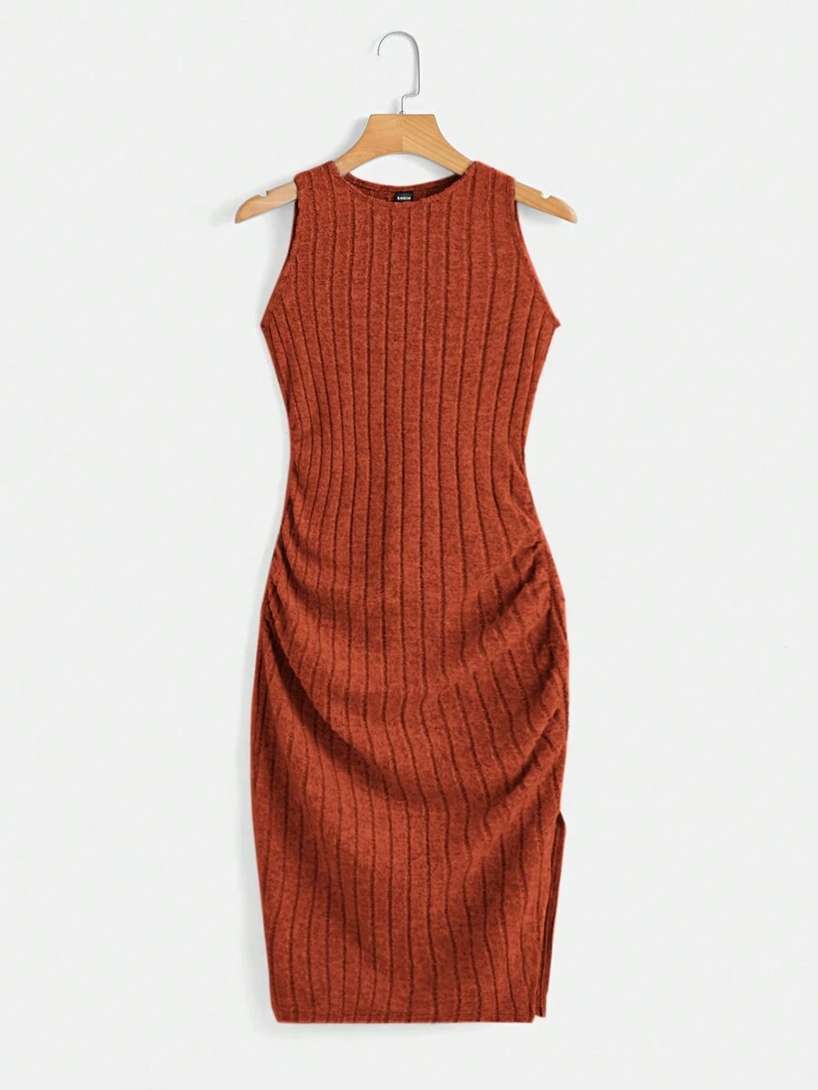 SHEIN EZwear 女士無袖裙,褶皺和分裂擺設計 - 鏽棕色 - 查看 1