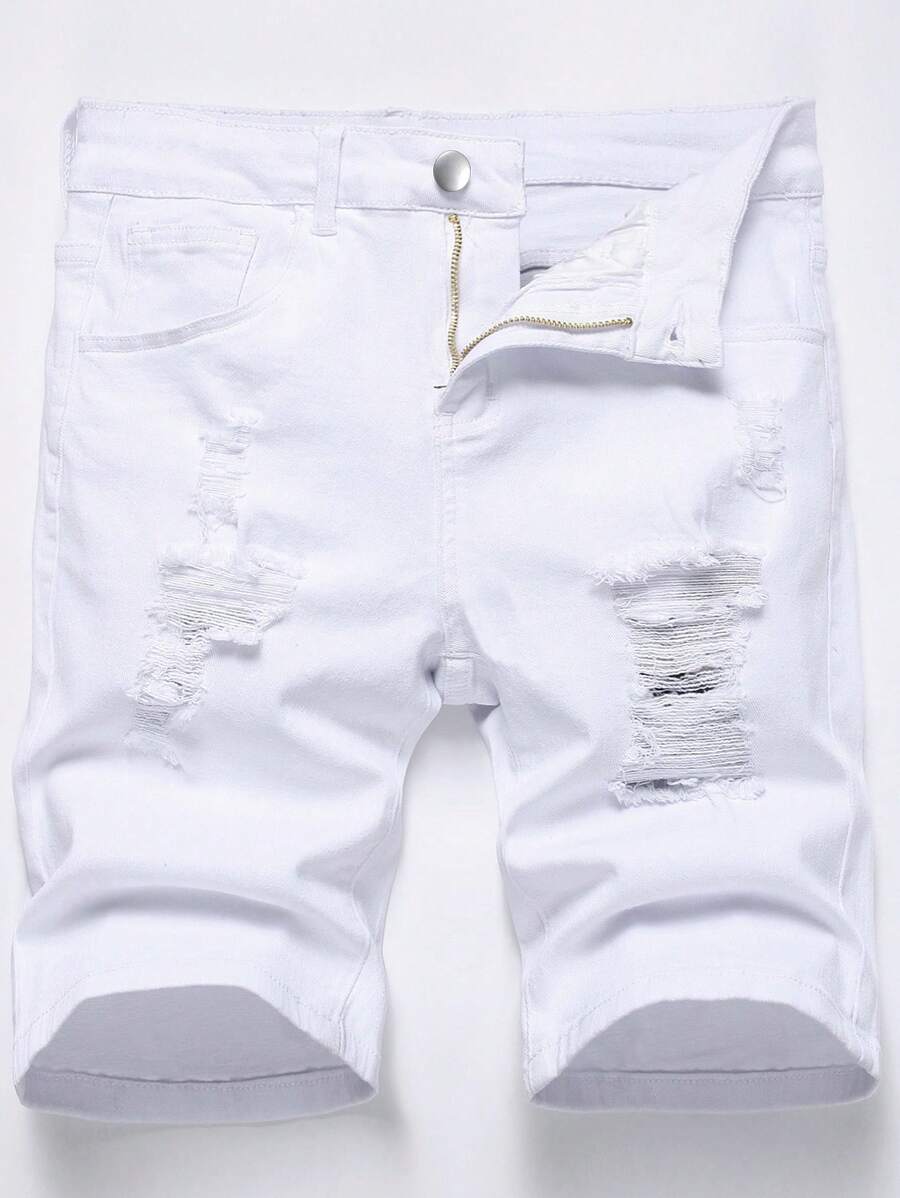 Manfinity Homme Quần short denim rách màu trơn có túi chéo Jorts Plain All White Holiday Basic - trắng - Xem 1