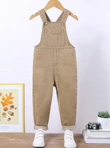 SHEIN 男童復古大學風鬆身舒適牛仔連身褲 - 卡其色 - 查看 3