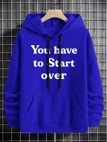 Manfinity Hypemode Men Slogan Graphic Kangaroo Pocket Drawstring Hoodie - Navy Blue - View 6
