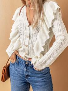 Astylish Ruffle Trim Pointelle Knit Cardigan - Beige - View 3