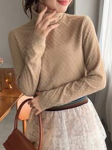 FRIFUL 女士立领长袖T恤，秋季女装，保暖内衬 - 卡其色 - 查看 4