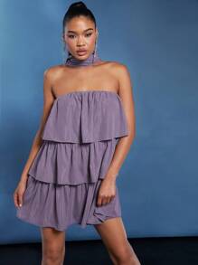 L'Amorae Solid Ruffle Hem Halter Neck Fashion Dress - Purple - View 4