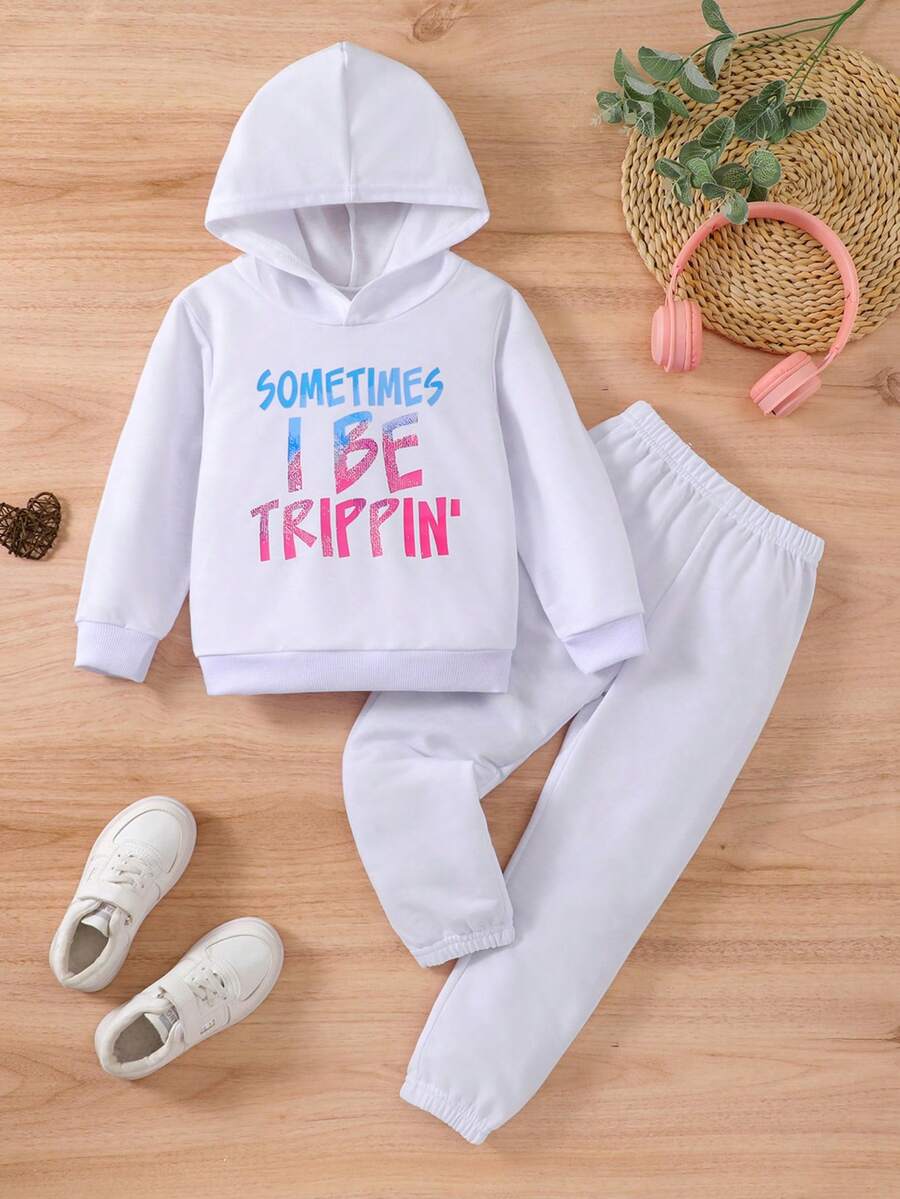 SHEIN Cô gái Giải trí Lá thư In Hoodie Và Quần Bộ , Tay áo dài - trắng - Xem 1