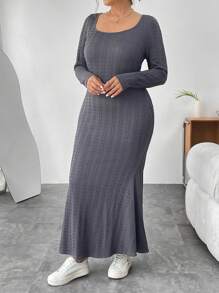 SHEIN Essnce Plus Size Solid Color Scoop Neck Mermaid Hem Dress - Dark Grey - View 4