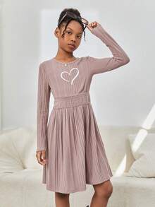 SHEIN 女孩時尚針織純色圓領長袖連衣裙,適合外出活動 - 橘色 - 查看 3