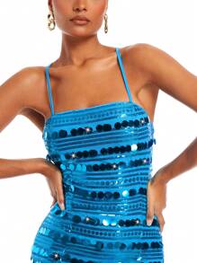 SHEIN BAE 藍色串珠裝飾女裝連身裙,新年穿搭 - 藍色 - 查看 6