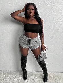 Slaydiva Women's Plush Shorts With Embroidered Stars And Drawstring Waist - Grey - View 5