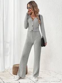 SHEIN LUNE Quý cô Màu thuần Bộ đồ trên và quần - Màu Khaki - Xem 5