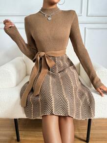 RosyDaze 女式帶鑲嵌魚骨圖案綁帶立領毛衣連身裙